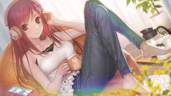 1girl 22/7 22/7_ongaku_no_jikan barefoot blue_pants blurry camisole cellphone closed_mouth coffee_mug coffee_pot collarbone couch cup curtains denim depth_of_field dutch_angle feet flower flower_pot full_body game_cg hair_flower hair_ornament hand_on_own_ear headphones highres holding holding_cup indoors jeans knees_together_feet_apart knees_up koyama_hirokazu legs legs_up long_hair looking_at_viewer mug non-web_source official_art on_couch pants phone plant potted_plant red_eyes red_hair sato_reika sidelocks sitting smartphone solo straight_hair toes white_camisole white_flower