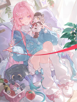 1girl absurdres animal blue_sweater cake_cat_(honkai:_star_rail) chimera_(honkai:_star_rail) couch cyrene_(honkai:_star_rail) cyrene_(ripples_of_past_reverie)_(honkai:_star_rail) diamond-shaped_pupils diamond_(shape) highres holding holding_animal honkai:_star_rail honkai_(series) indoors leg_warmers little_ica_(honkai:_star_rail) long_hair on_couch pointy_ears purple_eyes second-party_source skirt smile solo sweater symbol-shaped_pupils tomato very_long_hair white_leg_warmers white_skirt ye_xing_caomei