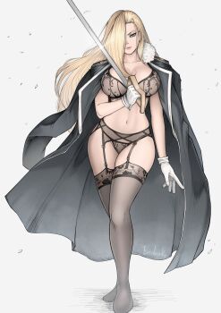 1girl absurdres black_coat blue_eyes bra breasts cleavage coat coat_on_shoulders collarbone commission epaulettes erodrunky full_body fullmetal_alchemist fur_collar garter_belt garter_straps gloves hair_over_one_eye highres holding holding_sword holding_weapon lace lace_bra lace_garter_belt lace_panties lace_thighhighs large_breasts linea_alba lingerie lips long_coat looking_at_viewer mature_female navel no_shoes olivier_mira_armstrong panties rapier serious solo sword thighhighs underwear weapon white_gloves wind