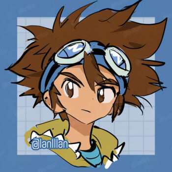 Rule 34 | 1boy, alternate costume, blue background, blue headband, brown eyes, brown hair, close-up, digimon, digimon adventure, goggles, goggles on head, headband, lanlllan, male focus, medium hair, simple background, solo, yagami taichi