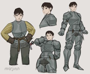 1girl absurdres arm_behind_back arm_behind_head armor artist_name belt black_eyes black_gloves black_hair blush breastplate brown_belt clenched_hands closed_mouth commentary cowboy_shot english_commentary feet_out_of_frame full_armor full_body gloves grey_background grey_pants hands_on_own_hips highres looking_at_viewer looking_to_the_side m4rjinn mole mole_under_eye multiple_views nose original pants parted_lips portrait shirt short_hair simple_background standing sword unfinished very_short_hair weapon yellow_shirt