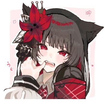 2girls angry animal_ears armband ayu_(love_5) black_hair blunt_bangs blush cat_ears commentary_request crown fangs flower hair_flower hair_ornament highres kemonomimi_mode long_hair long_sleeves looking_at_viewer mahou_shoujo_no_majo_saiban mouth_pull multiple_girls nikaido_hiro open_mouth pink_background pov pov_hands red_armband red_eyes red_flower sakuraba_ema saliva solo_focus translation_request upper_body