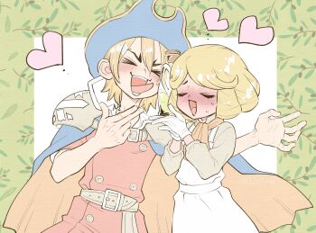 Rule 34 | > <, 1boy, 1other, armor, ascot, belt, blonde hair, blue cape, blue hat, blush, brown shirt, cape, closed eyes, commentary request, cup, dr. stone, dress, francois (dr. stone), gloves, hat, heart, highres, holding, holding cup, jacket, long sleeves, nanami ryuusui, ninomae gin, open mouth, pirate, pirate hat, red jacket, shirt, short hair, shoulder armor, signature, simple background, smile, tongue, twitter username, white dress, white gloves