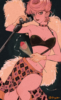 1girl black_bra boots bra breasts choker cleavage earrings feather_boa flower gloves green_eyes holding holding_flower holding_microphone_stand jewelry jojo_no_kimyou_na_bouken lipstick looking_at_viewer makeup microphone_stand pink_hair short_hair skirt solo trish_una underwear updo user_mkuk4753 vento_aureo yellow_boots yellow_gloves