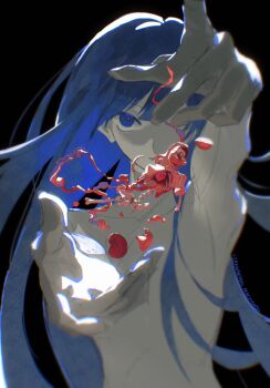 artist_name black_background blue_eyes blue_hair bone brain character_request commentary copyright_request death highres intestines kidney long_hair sberrymacchiato simple_background symbol-only_commentary twitter_username