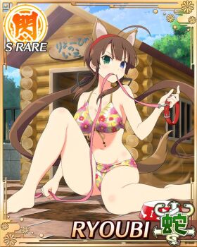 Rule 34 | 1girl, ahoge, animal collar, animal ears, barefoot, bikini, black ribbon, blue eyes, border, breasts, brown hair, card (medium), character name, cleavage, closed mouth, collar, dog ears, dog girl, dog tail, doghouse, extra ears, floral print, floral print bikini, game cg, green eyes, groin, hair ribbon, hairband, heterochromia, holding, holding collar, knee up, large breasts, leash in mouth, long hair, looking at viewer, low twintails, navel, official art, print bikini, red hairband, ribbon, ryoubi (senran kagura), senran kagura, senran kagura new wave, sitting, smile, solo, swimsuit, tail, third-party source, twintails, very long hair