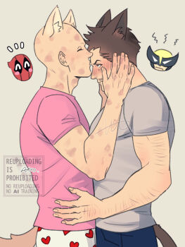 2boys animal_ears arm_hair bald beard blush brown_hair cat_boy cat_ears cat_tail closed_eyes closed_mouth couple deadpool deadpool_&amp;_wolverine deadpool_(series) dog_boy dog_ears dog_tail facial_hair green_eyes hands_on_another's_face hashtag-only_commentary heart heart_print kiss kissing_forehead male_focus marvel marvel multiple_boys muscular muscular_male pink_shirt scar scars_all_over sherlock7akane shirt short_sleeves signature tail too_many wolverine_(x-men) x-men yaoi
