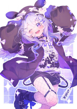 Rule 34 | 1girl, ;d, arms up, black boots, black choker, black pantyhose, black shorts, blush, boots, border, character request, choker, commentary request, copyright request, crossed bangs, dot nose, double-parted bangs, feathered wings, fishnet pantyhose, fishnets, foot out of frame, grey hair, grid background, hair between eyes, hair ornament, hairclip, highres, hood, hood up, hooded jacket, jacket, long hair, long sleeves, looking at viewer, o-ring, o-ring thigh strap, one eye closed, open clothes, open jacket, open mouth, outline, outside border, pantyhose, parallel hairclips, platform boots, print shirt, purple eyes, serizawa serizane, shirt, short shorts, shorts, single leg pantyhose, smile, solo, standing, standing on one leg, thigh strap, white border, white outline, white shirt, wings