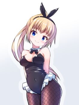 1girl absurdres alternate_hairstyle animal_ear_hairband animal_ears arms_behind_back bare_shoulders black_bow black_bowtie black_hairband black_leotard blonde_hair blue_eyes blush bow bowtie breasts brown_pantyhose cleavage closed_mouth commentary covered_navel cowboy_shot detached_collar dot_nose fake_animal_ears fishnet_pantyhose fishnets getsuyoshi gradient_background grey_background hairband head_tilt high_ponytail highres itsumura_haruka leotard medium_breasts pantyhose playboy_bunny ponytail rabbit_ear_hairband rabbit_ears re:stage! simple_background smile solo strapless strapless_leotard white_background