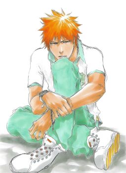 1boy bleach bracelet brown_eyes collared_shirt jewelry kubo_tite kurosaki_ichigo looking_at_viewer male_focus official_art orange_hair pants second-party_source shirt shoes short_hair simple_background sitting spiked_hair watch white_background