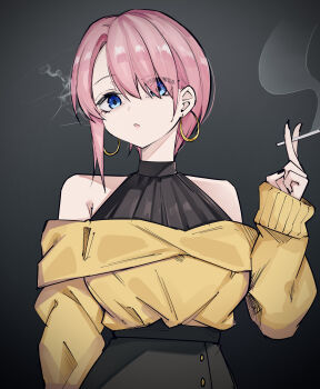 1girl absurdres bare_shoulders black_nails black_shirt black_skirt blue_eyes cigarette commentary_request dark_background earrings eyes_visible_through_hair go-toubun_no_hanayome gradient_background highres holding holding_cigarette hoop_earrings jewelry long_sleeves mame1645 nakano_ichika off-shoulder_shirt off_shoulder parted_lips pink_hair shirt short_hair skirt sleeveless sleeveless_shirt smoking solo sweater upper_body yellow_sweater