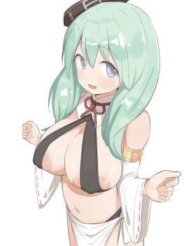 1girl areola_slip breasts character_request commentary_request copyright_request covered_erect_nipples detached_sleeves highres kok large_breasts looking_at_viewer simple_background solo white_background