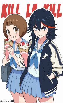 2girls annoyed black_hair blue_eyes blue_skirt bob_cut brown_hair copyright_name food fruit highres ice_cream jacket kill_la_kill looking_at_viewer mankanshoku_mako matoi_ryuuko medium_hair multicolored_hair multiple_girls pleated_skirt sailor simple_background sisi_am1011 skirt strawberry streaked_hair sukajan twitter_username upper_body white_background