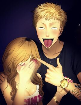 Rule 34 | 1boy, 1girl, arm tattoo, black background, black hair, black shirt, blonde hair, blush, bracelet, breasts, camera flash, cleavage, closed mouth, covering face, crown necklace, earrings, eyebrow cut, fake nails, fingernails, gogoro02, gold bracelet, gold wristwatch, grey eyes, gyaru, gyaruo, highres, holding another's arm, jewelry, light particles, long fingernails, long hair, medium breasts, multicolored hair, open mouth, original, pink nails, pointing, pointing at another, print tank top, shirt, short hair, simple background, t-shirt, tan, tank top, tattoo, tongue, tongue out, two-tone hair, upturned eyes, watch, wristwatch