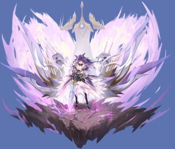 Rule 34 | 1girl, absurdres, armor, artist request, azur lane, black boots, boots, bow, breasts, cleavage, date a live, detached collar, dress, full body, gloves, hair bow, highres, holding, holding sword, holding weapon, large breasts, layered dress, long hair, looking at viewer, non-web source, official art, open mouth, ponytail, purple dress, purple eyes, purple gloves, purple hair, rigging, shoulder armor, smile, solo, sword, weapon, white dress, yatogami tohka, yatogami tohka (spirit)