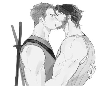 2boys adorablecat7 blush closed_eyes commentary deadpool facial_hair hand_on_another's_back highres kiss looking_at_another male_focus marvel monochrome multiple_boys muscular muscular_male pectorals short_hair sleeveless sword sword_on_back tank_top veins veiny_arms weapon weapon_on_back wolverine_(x-men) x-men x-men_film_series x-men_origins:_wolverine yaoi