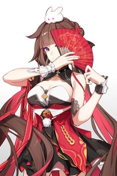 1girl absurdres bare_shoulders black_dress breasts brown_eyes brown_hair cleavage closed_mouth commentary_request cowboy_shot dress folding_fan hand_fan hands_up highres holding holding_fan honkai_(series) honkai_impact_3rd li_sushang long_hair medium_breasts minonext multicolored_hair red_hair simple_background solo two-tone_hair very_long_hair white_background wrist_cuffs