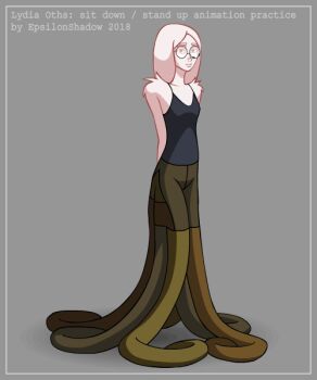 2018 animated animated_gif arms_behind_back artist_name black_camisole breasts camisole closed_mouth dated english_text epsilonshadow full_body glasses grey_background holding long_hair looking_at_viewer looking_to_the_side lydia_oths monster_girl mutant original pink_eyes pink_fur pink_hair simple_background sitting small_breasts smile standing tentacle_girl