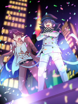 2boys belt black_cape black_hat bound bound_arms building buttons cape checkered_clothes checkered_scarf collarbone commentary_request confetti crossed_arms danganronpa_(series) danganronpa_v3:_killing_harmony facial_hair flipped_hair from_below goatee hair_between_eyes hat hostage jacket jacket_partially_removed long_sleeves male_focus momota_kaito multicolored_buttons multiple_boys night night_sky oma_kokichi open_mouth outdoors pants partial_commentary peaked_cap purple_eyes purple_hair scarf shidou1998 shirt short_hair sky skyscraper smug space_print spiked_hair standing starry_sky_print surprised thigh_strap twitter_username two-tone_scarf white_pants