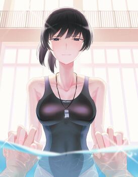 1girl 1other amagami black_eyes black_hair blush breasts commentary_request competition_swimsuit covered_navel highres interlocked_fingers looking_at_viewer medium_breasts nanidato_(nanidat0) one-piece_swimsuit partially_submerged ponytail short_hair smile swimsuit tsukahara_hibiki two-tone_one-piece_swimsuit whistle whistle_around_neck