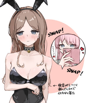 2girls animal_ears bang_dream! bang_dream!_it&#039;s_mygo!!!!! blush breasts brown_hair cellphone chihaya_anon commentary fake_animal_ears grey_eyes heart highres large_breasts leotard long_hair multiple_girls nagasaki_soyo opuricheri phone pink_hair playboy_bunny smartphone strapless strapless_leotard taking_picture translation_request yuri
