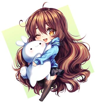 1girl :d absurdly_long_hair ahoge artist_name artist_self-insert black_skirt black_thighhighs blue_hoodie brown_eyes brown_hair chibi chibi_only commentary cowlick double-parted_bangs english_commentary full_body green_background hair_between_eyes highres holding holding_stuffed_toy hood hood_down hoodie long_hair long_sleeves looking_at_viewer miniskirt no_shoes one_eye_closed open_mouth original puffy_long_sleeves puffy_sleeves raised_eyebrow sasucchi95 shiny_clothes shiny_legwear simple_background skirt smile solo standing standing_on_one_leg stuffed_animal stuffed_rabbit stuffed_toy teeth thighhighs transparent_background upper_teeth_only very_long_hair wavy_hair zettai_ryouiki