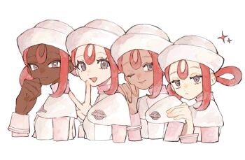 2girls badge chamopichamo cropped_torso dark-skinned_female dark_skin dress grey_eyes hair_rings half-closed_eyes hand_on_another&#039;s_shoulder hand_on_own_chin hand_to_own_mouth hand_up hat joy_(pokemon) joy_(pokemon_legends:_z-a) light_frown long_sleeves multiple_girls multiple_persona nintendo nurse_cap one_eye_closed open_mouth own_hands_together pink_sleeves pokemon pokemon_legends:_z-a red_hair single_sidelock smile v very_dark_skin white_dress white_hat