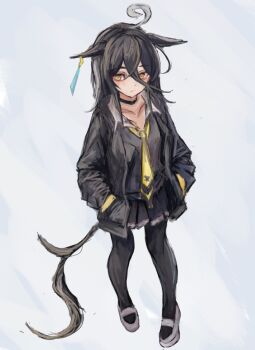 1girl ahoge animal_ears black_choker black_coat black_hair black_pantyhose black_skirt blush choker closed_mouth coat collarbone collared_shirt commentary_request ear_tag earrings hair_between_eyes hands_in_pockets horse_ears horse_girl horse_tail jewelry long_bangs long_hair long_hair_between_eyes long_sleeves looking_at_viewer manhattan_cafe_(creeping_black)_(umamusume) manhattan_cafe_(umamusume) multicolored_hair necktie pantyhose shirt simple_background single_earring skirt solo tail umamusume very_long_hair white_hair yanagi_wakana yellow_eyes yellow_necktie