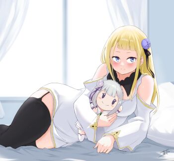 1girl bare_shoulders bed black_thighhighs blonde_hair blue_eyes blunt_bangs blush breasts character_doll clothing_cutout curtains doll dress emilia_(re:zero) flower garter_straps hair_flower hair_ornament hair_ribbon highres holding holding_doll hugging_doll hugging_object long_hair looking_at_viewer lying miarin141 on_bed on_side pillow re:zero_kara_hajimeru_isekai_seikatsu ribbon shoulder_cutout solo sylphy_(re:zero) thighhighs window