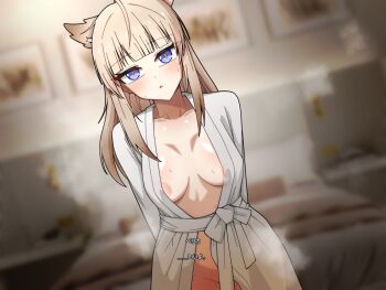 1girl animal_ears areola_slip arknights arknights:_endfield bathrobe bird_ears bird_girl blue_eyes blurry blurry_background breasts brown_hair commentary_request dated_commentary highres large_breasts long_hair looking_at_viewer manli perlica_(arknights) solo