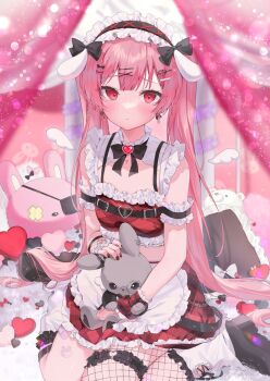 1girl amatsuka_eru animal_ear_hairband animal_ears arm_cuffs artist_request black_bow black_bowtie black_shoes blurry bow bowtie brooch crop_top cross-laced_hairband curtains depth_of_field earrings fake_animal_ears flat_chest frilled_hairband frilled_skirt frills hair_ornament hairband hairclip heart heart_brooch indie_virtual_youtuber jewelry leg_warmers long_hair looking_at_viewer miniskirt nail_polish pillow pink_hair plaid_clothes plaid_skirt platform_shoes rabbit_ear_hairband rabbit_ears red_eyes red_skirt second-party_source shoes single_fishnet_legwear single_thighhigh sitting skirt solo stuffed_animal stuffed_rabbit stuffed_toy thighhighs twintails virtual_youtuber wariza