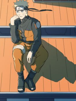 1boy black_boots black_headband blonde_hair blue_eyes boots commentary facial_mark forehead_protector full_body hashtag-only_commentary head_rest headband highres ichido792801 konohagakure_symbol male_focus naruto_(series) naruto_shippuuden open-toe_boots orange_pants pants rooftop shadow sitting solo uzumaki_naruto whisker_markings