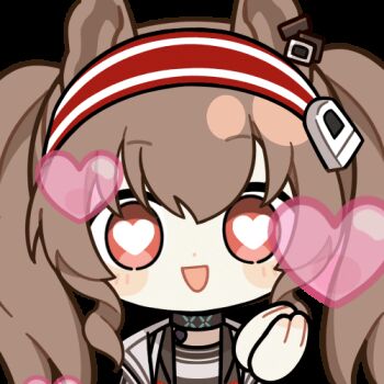 1girl angelina_(arknights) animal_ears animated animated_gif arknights black_choker blush brown_hair chinese_commentary choker chunye_haruya coat commentary_request disembodied_hand dot_nose earpiece fox_ears hair_between_eyes hairband heart heart-shaped_pupils infection_monitor_(arknights) jacket long_hair looking_at_another looking_at_viewer lowres material_growth open_clothes open_coat open_jacket oripathy_lesion_(arknights) own_hands_together red_eyes red_hairband red_jacket second-party_source solo striped_clothes striped_hairband symbol-shaped_pupils transparent_background twintails two-tone_hairband upper_body white_coat