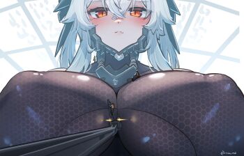 1girl absurdres android bodysuit breasts commentary_request covered_erect_nipples giant giantess grey_hair hair_between_eyes highres impossible_bodysuit impossible_clothes impossible_leotard large_breasts leotard long_hair m004_(natsukaze_shigure) mecha_musume natsukaze_shigure orange_eyes original skin_tight twintails