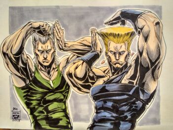 2boys abs armpits artist_logo bare_arms black_shirt blonde_hair capcom clenched_hands closed_mouth cosplay costume_switch crossover dated dog_tags earrings fingernails flattop green_shirt grey_background grey_hair guile hands_up highres jean_pierre_polnareff jewelry jojo_no_kimyou_na_bouken jojo_pose logo look-alike looking_at_viewer male_focus manly marker_(medium) maya_panda multiple_boys muscular photo_(medium) sanpaku shirt signature sleeveless sleeveless_shirt stardust_crusaders street_fighter street_fighter_ii_(series) traditional_media trait_connection wristband