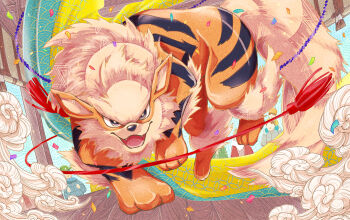 Rule 34 | 3boys, 3girls, :d, arcanine, asakihayato, bright pupils, commentary request, confetti, fangs, gen 1 pokemon, grey eyes, looking at viewer, multiple boys, multiple girls, nintendo, open mouth, pokemon, pokemon (creature), smile, smoke, tongue, white pupils