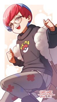 1girl :d backpack bag black_boots black_shorts boots brown_bag clenched_hands commentary_request creape glasses grey_eyes grey_pantyhose hands_up happy highres hood hood_down hoodie long_sleeves multicolored_hair nintendo open_mouth pantyhose penny_(pokemon) poke_ball_print pokemon pokemon_sv round_eyewear see-through_clothes see-through_skirt short_hair shorts skirt smile solo teeth two-tone_hair upper_teeth_only