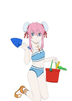 Rule 34 | 1girl, artist request, bikini, blue bikini, blue eyes, breasts, bucket, chest jewel, closed mouth, collarbone, determined, full body, game cg, gem, holding, holding bucket, holding shovel, kneeling, long hair, looking at viewer, navel, official alternate costume, official art, orange sandals, pink hair, presea combatir, red gem, sand bucket, sandals, shovel, solo, swimsuit, tales of (series), tales of asteria, third-party source, transparent background