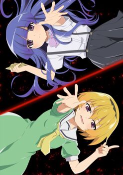 2girls :d black_background black_hairband black_skirt blonde_hair blood blue_hair blunt_bangs bow bowtie closed_mouth collared_shirt commentary dress frown furude_rika green_dress hair_between_eyes hairband hand_up highres higurashi_no_naku_koro_ni holding houjou_satoko index_finger_raised long_hair looking_at_viewer lower_teeth_only multiple_girls neckerchief open_mouth outstretched_arm puffy_short_sleeves puffy_sleeves purple_bow purple_eyes purple_neckwear rumia_(compacthuman) sailor_collar school_uniform shirt shirt_tucked_in short_hair short_sleeves skirt smile split_screen spread_fingers suspender_skirt suspenders teeth twitter_username white_sailor_collar white_shirt yellow_neckwear