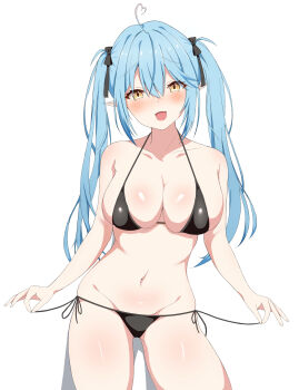 1girl :d ahoge bare_arms bare_shoulders bikini black_bikini black_ribbon blush breasts cleavage collarbone commentary cowboy_shot eyelashes fang forehead gluteal_fold hair_between_eyes hair_ribbon heart heart_ahoge highres holding holding_string hololive hukigen_dadada large_breasts legs_apart long_hair micro_bikini navel open_mouth pointy_ears revealing_clothes ribbon sagging_breasts shadow shiny_skin simple_background skin_fang smile solo string string_bikini swimsuit twintails virtual_youtuber white_background yellow_eyes yukihana_lamy