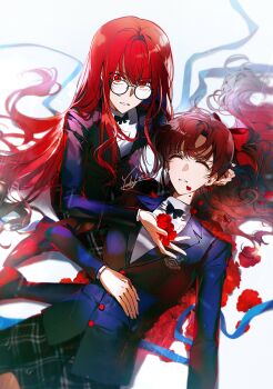 2girls absurdres black_bow black_jacket black_skirt blazer bow brown_hair closed_eyes commentary flower glasses hair_ribbon hand_on_another&#039;s_head highres holding holding_flower jacket long_hair looking_at_viewer lying mole mole_under_eye multiple_girls persona persona_5 persona_5_the_royal petals plaid_clothes plaid_skirt rain red_eyes red_flower red_hair red_petals red_ribbon red_shoes ribbon school_uniform shirt shoes shuujin_academy_school_uniform siblings simple_background sisters sitting skirt spoilers symbol-only_commentary white_shirt yoshizawa_kasumi&#039;s_sister yoshizawa_sumire yoteh