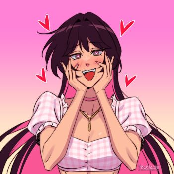 1girl artist_name artist_self-insert black_hair breasts cleavage collarbone commentary cropped_shirt english_commentary gradient_background heart heart-shaped_pupils long_hair looking_at_viewer midriff open_mouth original pink_background pink_shirt pockicchi puffy_short_sleeves puffy_sleeves self-portrait shirt short_sleeves solo symbol-shaped_pupils teeth upper_body upper_teeth_only