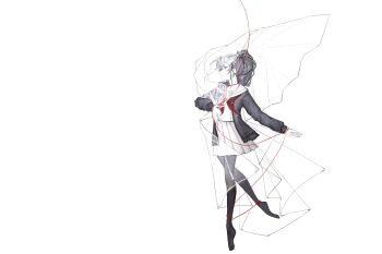 1girl asahina_mafuyu cardigan commentary en_pointe full_body ganxing highres long_hair looking_to_the_side miyamasuzaka_girls&#039;_academy_school_uniform neckerchief partially_colored pleated_skirt ponytail project_sekai red_neckerchief sailor_collar school_uniform shirt sidelocks simple_background skirt solo string string_around_ankle string_around_neck string_around_wrist string_of_fate thighhighs white_background