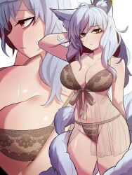 Rule 34 | 1girl, ahoge, animal ear fluff, animal ears, arm behind head, blush, bra, breasts, cleavage, closed mouth, commission, earrings, embarrassed, fox ears, fox girl, fox tail, hair between eyes, highres, jewelry, kitsune, kyuubi, lace, lace-trimmed bra, lace trim, large breasts, lingerie, long hair, looking at viewer, multicolored hair, multiple tails, multiple views, navel, original, panties, red eyes, skindentation, slit pupils, stomach, streaked hair, sung08ko, sweat, tail, thighs, two-tone hair, underwear, white background, white hair, white tail
