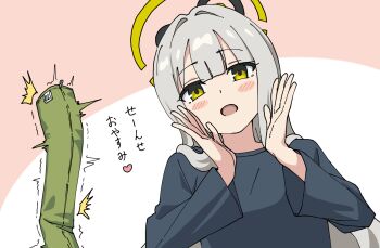 1girl 1other :d ^^^ black_pajamas blue_archive blunt_bangs blush_stickers body_pillow commentary_request grey_hair hair_down hair_intakes hair_over_shoulder halo hands_up hare_(blue_archive) hare_(pajamas)_(blue_archive) heart long_hair long_sleeves looking_at_viewer momomatang official_alternate_costume official_alternate_hairstyle open_mouth pajamas pillow pink_background sensei_(blue_archive) simple_background smile solo_focus translated trembling two-tone_background upper_body white_background wide_sleeves yellow_eyes yellow_halo zipper