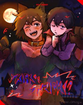 2boys absurdres alternate_costume alternate_eye_color animal_ears black_eyes black_hair blush brown_eyes brown_hair character_name dark-skinned_male dark_skin fangs full_moon halloween halloween_costume highres kel_(faraway)_(omori) kel_(omori) kemonomimi_mode looking_at_viewer male_focus moon multiple_boys nat_omogu navel omori one_eye_closed open_mouth parted_lips pointy_ears short_hair skin_fangs smile sunny_(omori) tail teeth tongue trick_or_treat twitter_username vampire_costume wolf_boy wolf_ears wolf_tail