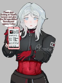 Rule 34 | 1girl, archery shooting glove, blue eyes, boun578, cellphone, dialogue box, faust (project moon), gloves, grey background, holding, holding phone, jacket, limbus company, looking at viewer, midriff, partially fingerless gloves, phone, project moon, shi association east uniform, short hair, simple background, solo, white hair