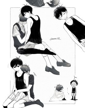 Rule 34 | 2boys, alternate costume, antenna hair, artist name, closed mouth, collared shirt, commentary request, double-parted bangs, dual persona, greyscale, hair between eyes, highres, hug, hug from behind, kneehighs, male focus, marusei 314, monochrome, multiple boys, omori, omori (omori), shirt, short hair, shorts, sitting, socks, sprout mole, striped clothes, striped shorts, sunny (omori), sweater vest, t-shirt, tank top, twitter username, vertical-striped clothes, vertical-striped shorts