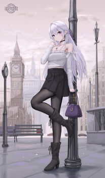 1girl against_lamppost alternate_costume anniversary arch bag bare_shoulders bench black_boots black_choker black_pantyhose black_skirt blue_bag blush boots bow braid breasts building bus car casual celestia_(strinova) chinese_commentary choker city cleavage clock clock_tower closed_mouth collar commentary_request crossed_bangs day detached_sleeves double-decker_bus dress earrings european_architecture fog frilled_dress frills full_body grey_hair grey_sky hair_between_eyes half_up_braid hand_up handbag high_heel_boots high_heels highres jewelry lamppost large_breasts location_request long_hair looking_at_viewer motor_vehicle off-shoulder_dress off_shoulder outdoors pantyhose pendant_choker pleated_skirt purple_eyes ring road scenery shirt skirt sky small_breasts smile snow solo standing standing_on_one_leg star_pendant strinova thighs tower white_bow white_hair white_shirt yuzuriha_(atelier_liang)