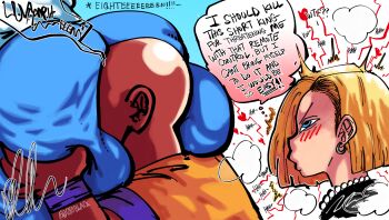 1boy 1girl ahegao android_18 artist_request ass bald bald_male blonde_hair blue_eyes blush couple dragon_ball english_text excited excited_for_sex groping highres huge_ass husband_and_wife kuririn large_penis penis source_request speech_bubble sweat thought_bubble
